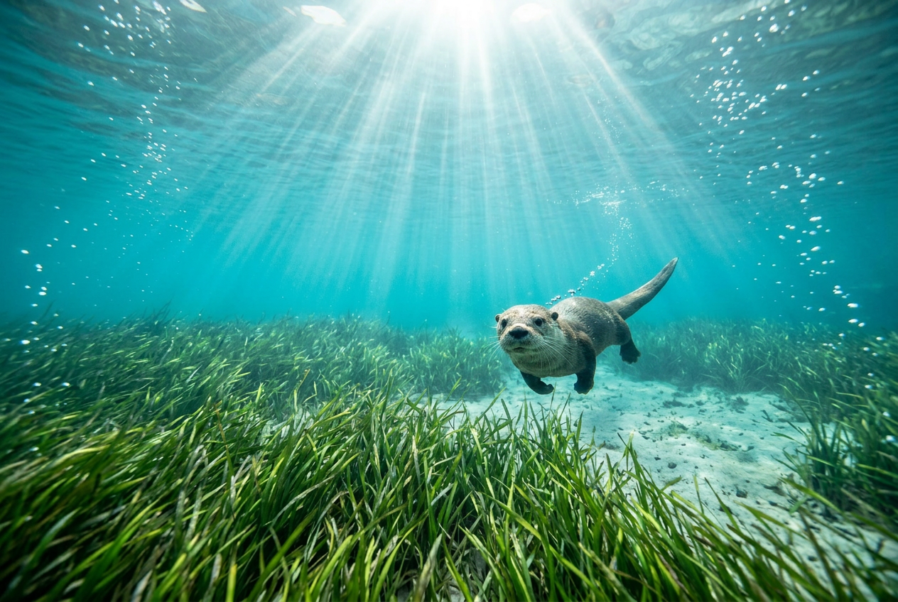 River otter gliding through the clear spring water of the Silver River, surrounded by eelgrass