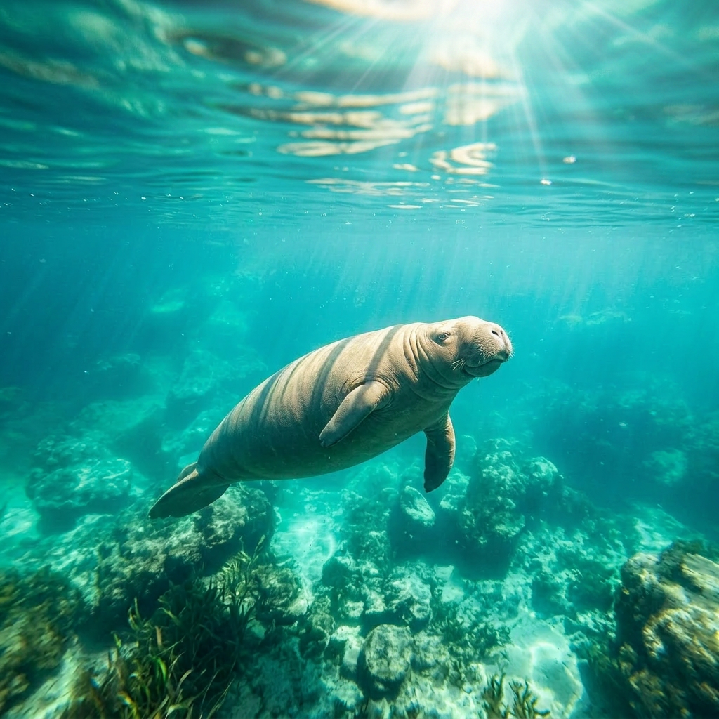 Manatee swimming in clear spring water